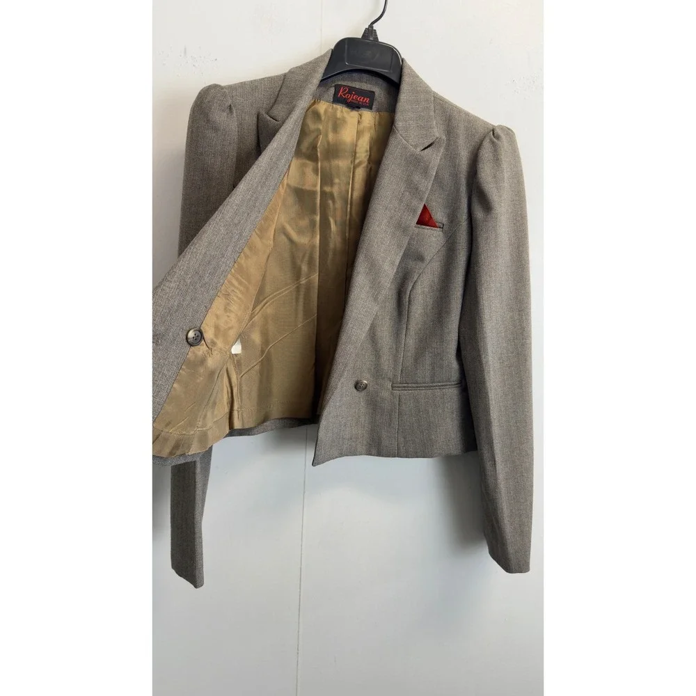 Vintage Rojean Brown Herringbone Skirt Suit Size S Crop Blazer A-Line Skirt USA